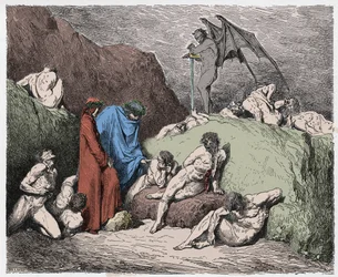 Enfer, chant 28 : Semeurs de discorde mutilés dans la neuvième bolgia, illustration de la Divine Comédie de Dante Alighieri, 1885